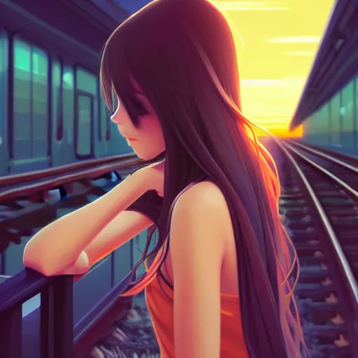 Prompt: a beautiful girl with long dark hair, sitting alone on a train, sunset, sharp focus, intricate, digital painting, artstation, official media, anime key visual, highly detailed, rich vivid colors, ambient lighting, illustration, art by Artgerm, Makoto Shinkai, Ilya Kuvshinov, Lois Van Baarle, and Rossdraws