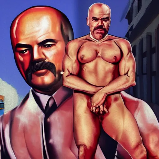 Image similar to lgbt art, tom of finland style, vladimir lenin, in billy herrington body, communism art in 4 k, high quality