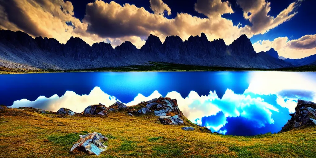 Image similar to a beautiful landscape, sun rises between two mountains, a lake in between the mountains, blue sky, cloudy, photograph, high resolution, extremely detailed, hyper realism