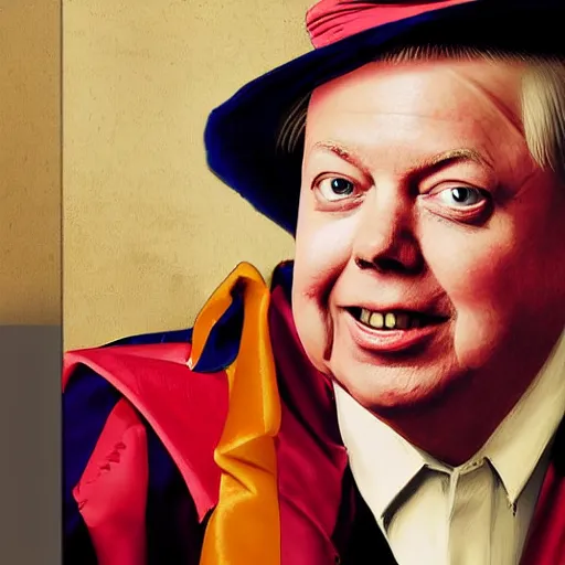 Image similar to portrait of lindsey graham dressed like a court jester. highly detailed, digital painting, cinematics, hyper realistic. dark retrowave. by stanley lau, villeneuve