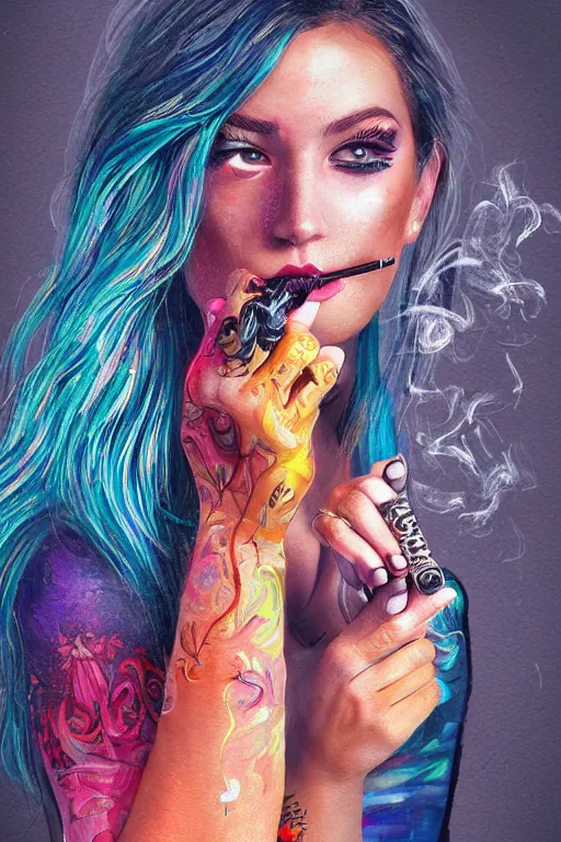 Prompt: full body painting of a girl smoking a cigarette and holding a pistol, cute face, intricate, highly detailed, digital painting, official media, concept art, rich vivid colors, ambient lighting, sharp focus, illustration