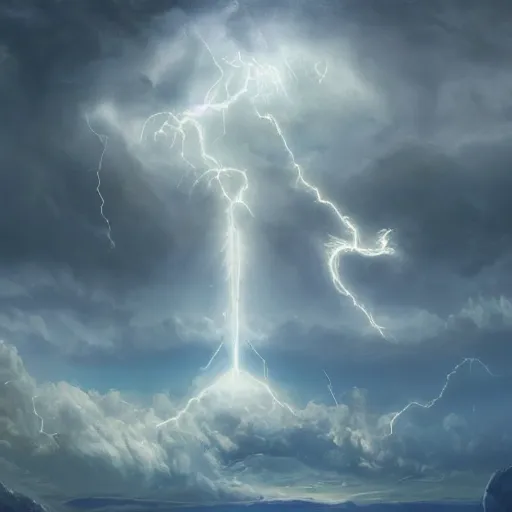 Prompt: an epic painting of Zeus flying on a lighting in thunderclouds by Diego Gisbert Llorens, Zeus flying on a lighting, epic painting, masterpiece, hyperdetailed, artstation, cgsociety, 8k