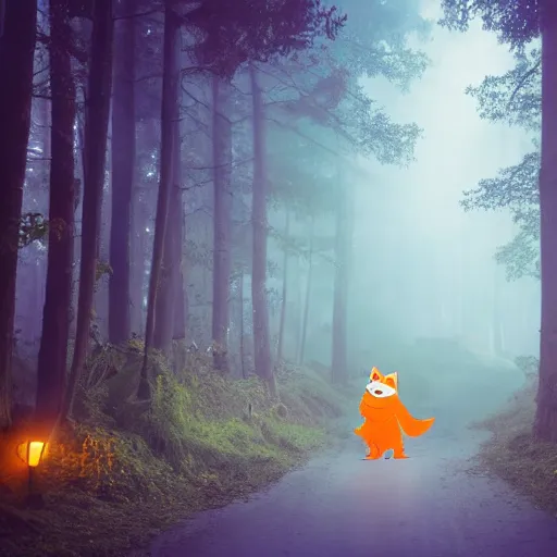 Image similar to a large orange fox kitsune two tailed muppet wearing a hooded cloak holding a lit torch and herding a bunch of random muppet animals following behind through a dark foreboding misty blue forest at night, sesame street, photograph, photography, ultrarealistic, national geographic