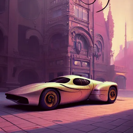 Prompt: cyborg vintage supercar slick warm tones pastel : by michal karcz, daniel merriam, victo ngai and guillermo del toro : ornate, dynamic, particulate, intricate, elegant, highly detailed, centered, artstation, smooth, sharp focus, octane render