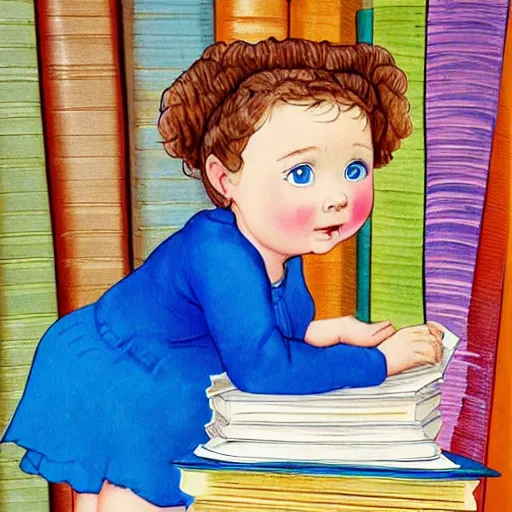 Image similar to a cute little girl with a round cherubic face, blue eyes, and short wavy light brown hair sitting on top of a stack of books. beautiful cartoon painting with flat colors and highly detailed face, outlining, children's storybook