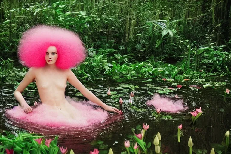 Image similar to 1 9 7 6 woman with huge pink candy floss hair floats in a pond, surrounded by a detailed forrest of lily leaves, deep focus, intricate, elegant, highly detailed, matte, sharp focus, photography of gregory crewdson