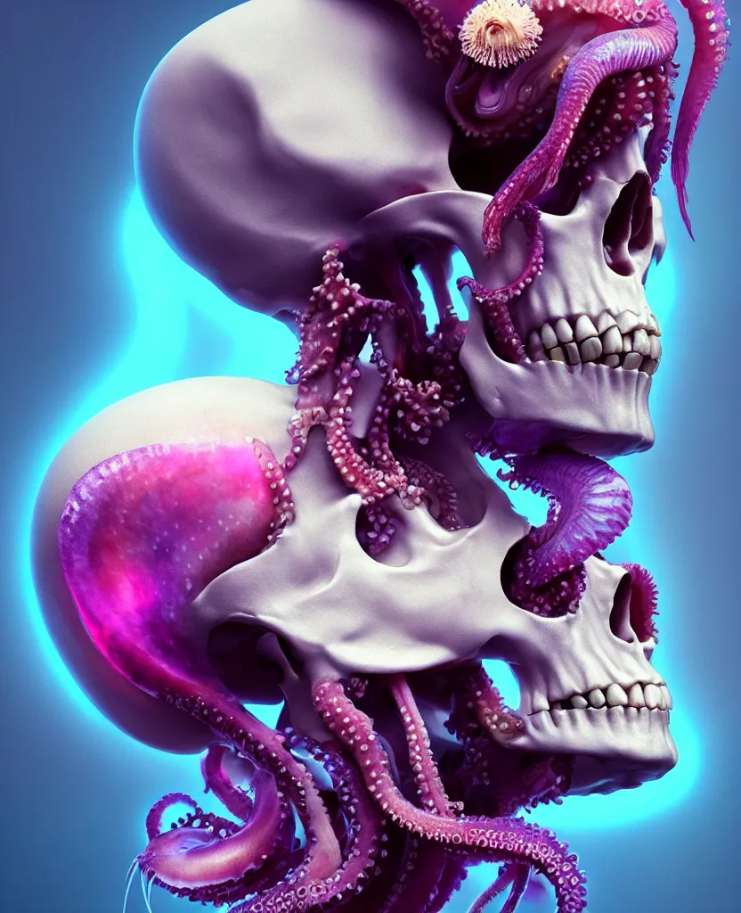 Image similar to goddess close - up portrait human skull, ram skull, squid phoenix jellyfish, orchid, betta fish, bioluminiscent, intricate artwork by tooth wu and wlop and beeple. octane render, trending on artstation, greg rutkowski very coherent symmetrical artwork. cinematic, hyper realism, high detail, octane render, 8 k