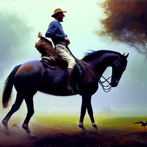 Image similar to а man carries a horse over him, hyperrealism, no blur, 4 k resolution, ultra detailed, style of ron cobb, adolf hiremy - hirschl, syd mead, ismail inceoglu, rene margitte