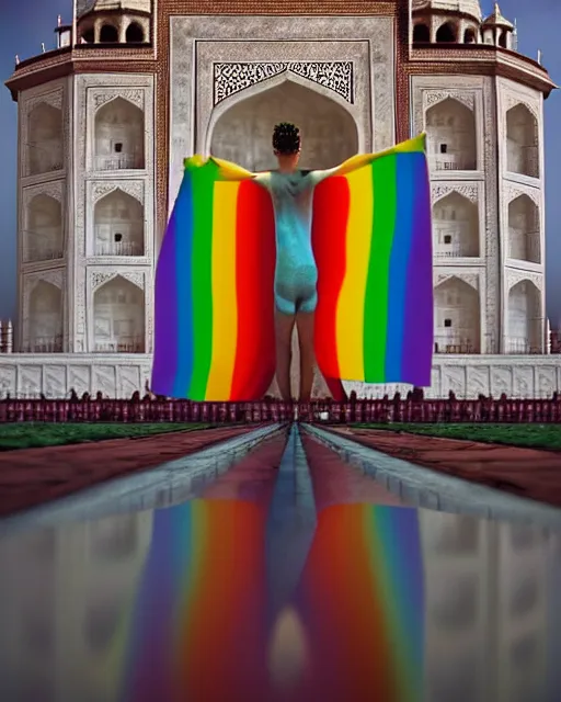 Image similar to gay pride!!!! at taj mahal. high quality photorealistic octane render 4 k, hyperrealism, volumetric fog, serious, cgstation, symmetric