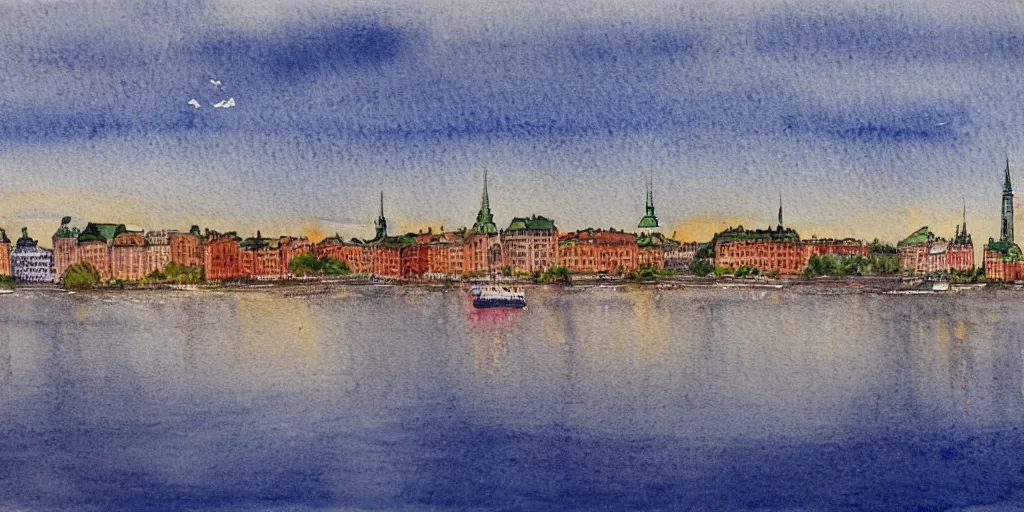 Prompt: Stockholm seen from the sea, realistic watercolour