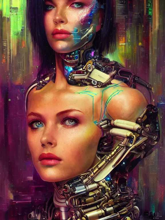 Prompt: art portrait cybernetic woman,8k,by tristan eaton,Stanley Artgermm,Tom Bagshaw,Greg Rutkowski,Carne Griffiths,trending on DeviantArt,face enhance,hyper detailed,minimalist,cybernetic, android, blade runner,full of colour,