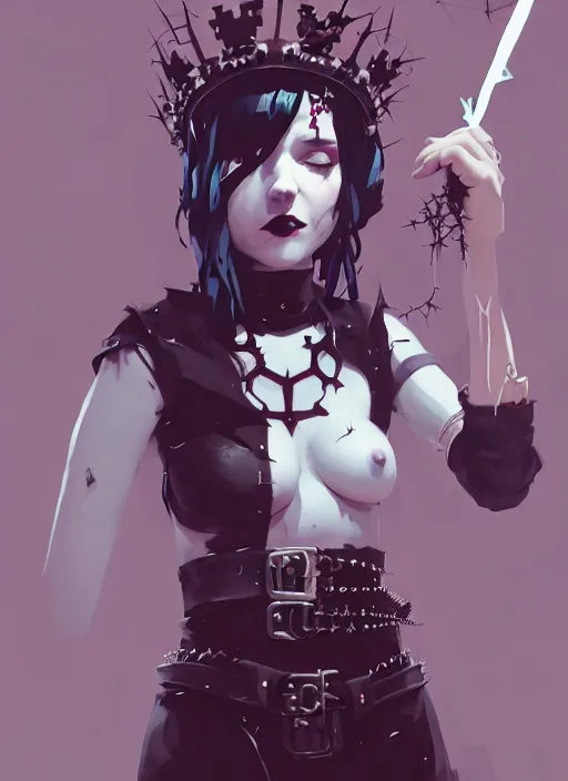 Prompt: cute goth maiden girl with crown of thorns and white short hairs, dressed in leather belts, warhammer, cyberpunk, by atey ghailan, by greg rutkowski, by greg tocchini, by james gilleard, by joe gb fenton, by kaethe butcher, dynamic lighting, gradient light blue, brown, blonde cream and white color in scheme, grunge aesthetic