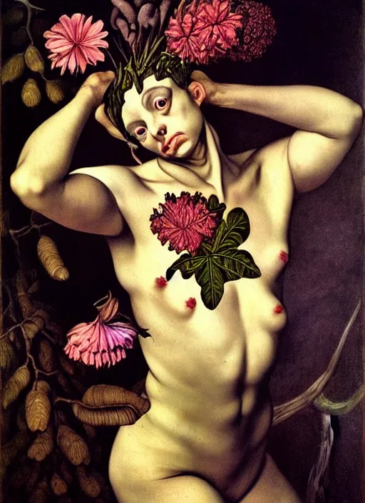 Prompt: beautiful rotten woman morphing into plants and many different types of beautiful flowers, muscles, organs, surreal, miguel angel, gustave courbet, caravaggio, romero ressendi