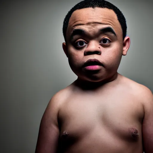 Image similar to 4 k editorial photograph of down syndrome midget kevin gates, sharp focus, soft lighting, edge lighting, studio portrait, 1 3 mm film color grading