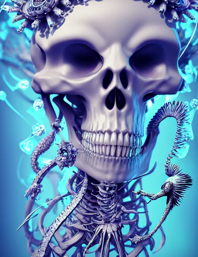 Image similar to 3 d goddess skeleton macro close - up portrait with crown made of ram skull. betta fish, jellyfish phoenix, bioluminiscent, plasma, ice, water, wind, creature, super intricate ornaments artwork by tooth wu and wlop and beeple and greg rutkowski