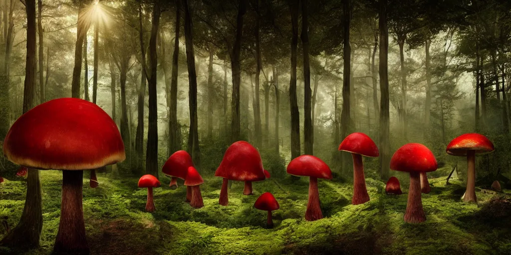 Prompt: Photo by Filip Hodas of the cinematic view of the Forest of the Giants, various giant mushrooms, some little mushrooms on the floor, only 3 very big red mushroom with white spots in second photo plan, photorealism, a few sun ray of lights falling with dust, def of field, photo taken with canon 5D