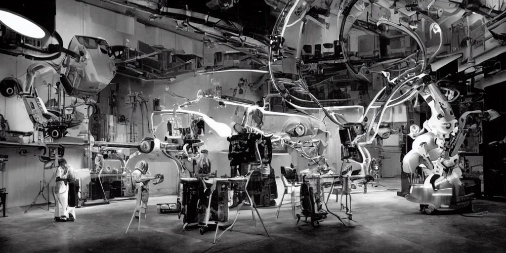 Image similar to a futuristic film studio with robot technicians preparing a scene by stanley kubrick, sci - fi, color vibe, reimagined by industrial light and magic