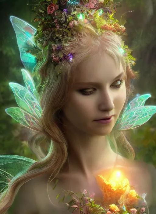 Image similar to beautiful beautiful fairy faerie fey fae queen forest spirit highly detailed CGsociety subtle enchanting alluring magical concept art HDR hyper realistic volumetric lighting subsurface scattering unreal