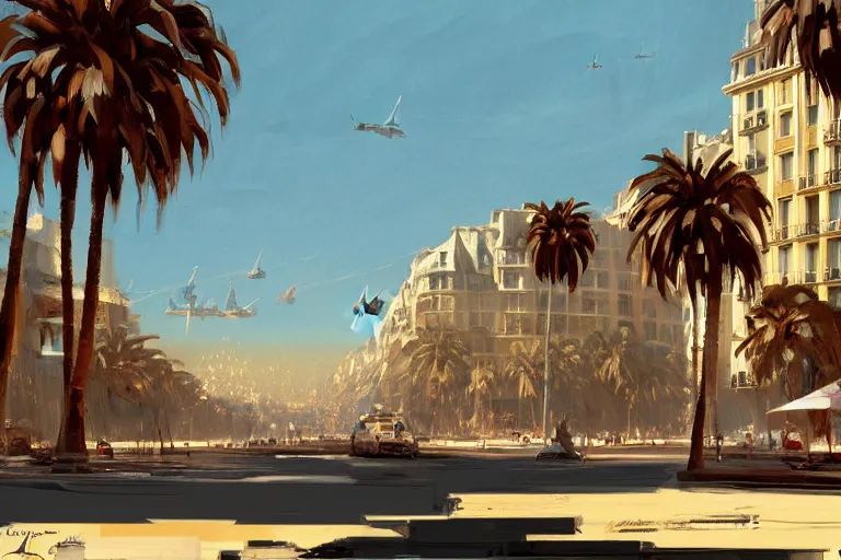 Image similar to landscape of the beautiful city of paris rebuilt near the pacific ocean in sunny california, amazing weather, sandy beach, palm trees, splendid haussmann architecture, painting by craig mullins, concept art, matte painting, trending on artstation