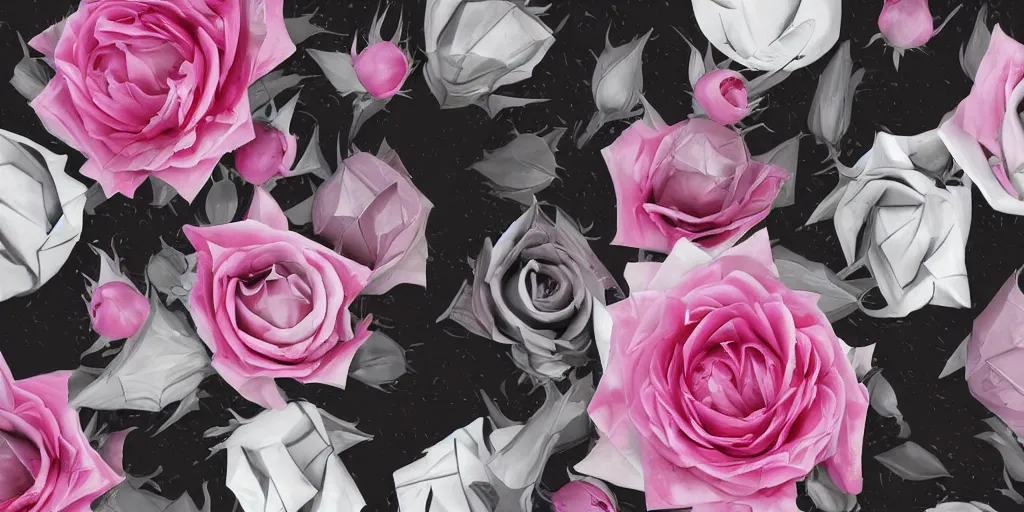 Image similar to magic invisible blade slicing through a bouquet of black and white and pink roses, flowers exploding and spraying, big puffy clouds, sharp rain, large rose petals, lotus petals, large polygonal background elements, large polygons, dramatic anime, dramatic lighting, artgerm, manga, trending on artstation, art nouveau, mature colors