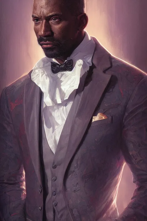 Prompt: portrait of James Cage White, millionaire suit, evil mastermind, fantasy, intricate, realistic, cinematic lighting, highly detailed, digital painting, Artstation, concept art, smooth, sharp focus, illustration, art by Artgerm and Greg Rutkowski and Alphonse Mucha