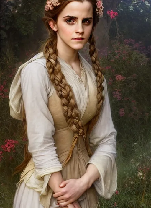 Prompt: full length portrait emma watson, beautiful elvish goddess with flowers in long blond braided hair, shining, 8k highly detailed, sharp focus, illustration, art by artgerm, mucha, bouguereau