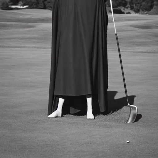 Prompt: the grim reaper standing stoic in black robe, waiting patiently, on a golf course while people play golf, perfect composition, by edmond leighton, simon stalenhag