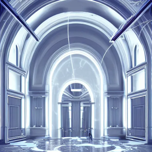 Image similar to white marble room arched windows, neon fluorescent lights, cinematic, octane render, detailed illustration, character portrait, by Martin Grip and Moebius,