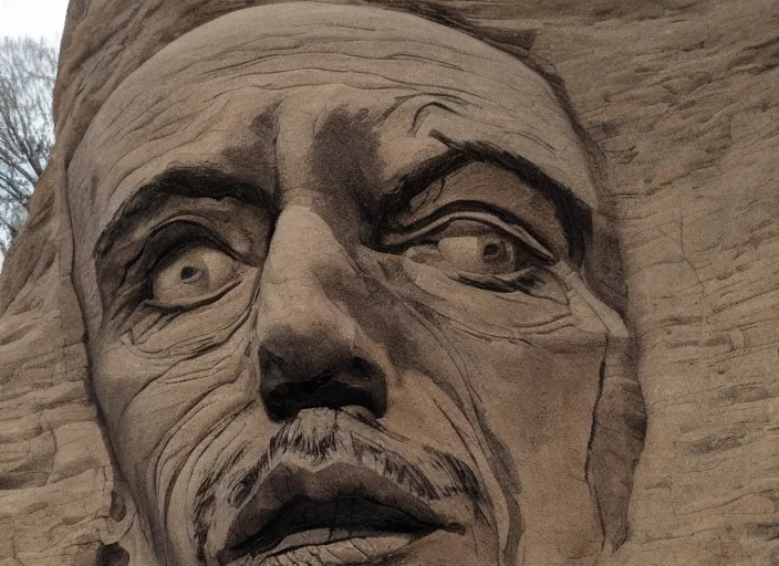 Image similar to a highly detailed beautiful portrait of the face of steve buscemi carved in a stone mountain, by gregory manchess, james gurney, james jean