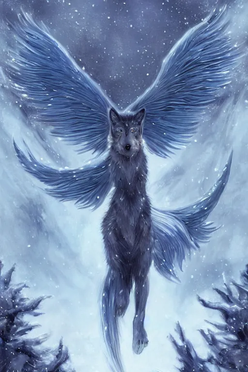 Image similar to blue wolf with wings, standing facing front, regal, elegant, winter, snow, moonlit, hd, illustration, epic, d & d, fantasy, intricate, elegant, highly detailed, digital painting, artstation, concept art, smooth, sharp focus, illustration, wallpaper, art by artgerm and greg rutkowski and alphonse mucha and jin xiaodi