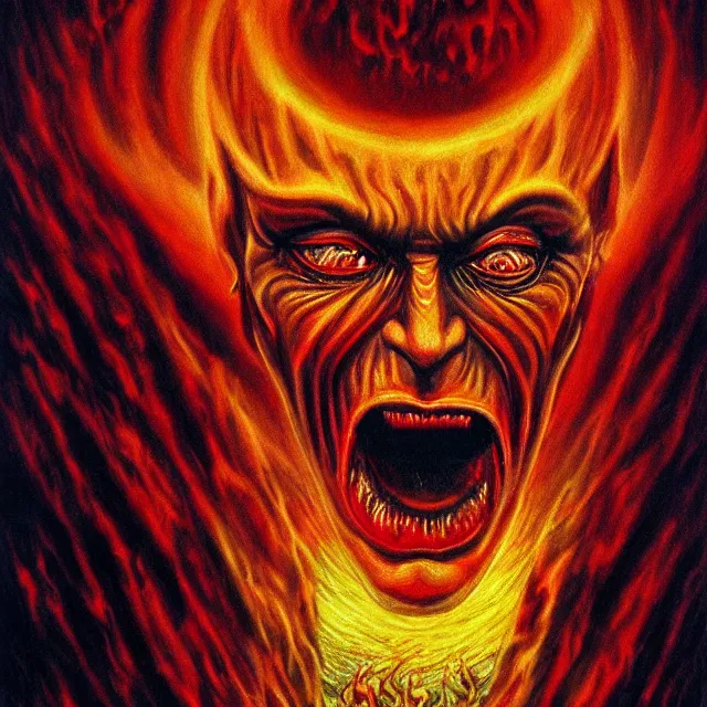 Prompt: shocked face of putin demon, hell, tears, hyper - realistic, sharp focus, depth of field, hyper - detailed visionary art, symmetric, hell, holy halo, dramatic ambient lighting, high detail, vibrant colors, the thing 1 9 8 2