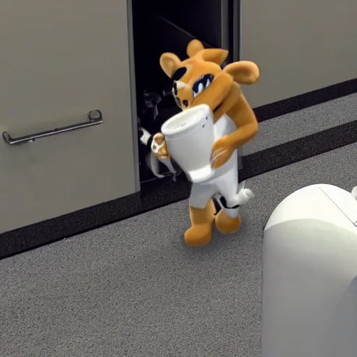 Image similar to security camera footage of a sports mascot pouring a carton of milk on the floor