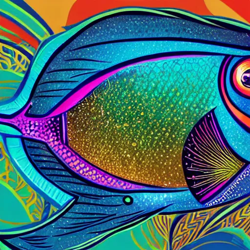 Prompt: one stylized fish with saturated colors viewed in profile in the dark ocean filled with complex sparkles and patterns, artstation, intricate, realistic, highly detailed, digital painting, concept art, sharp focus, low poly, illustration by tom whalen and charles williams and kilian eng and james jean