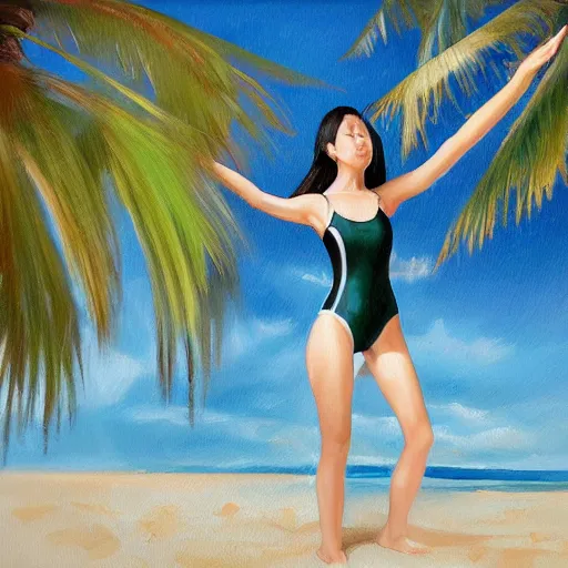 Image similar to perfect, realistic oil painting of close-up japanese woman in racing one-piece swimsuit, at sand beach with palms, by an American professional senior artist, Hollywood concept, dynamic composition and motion