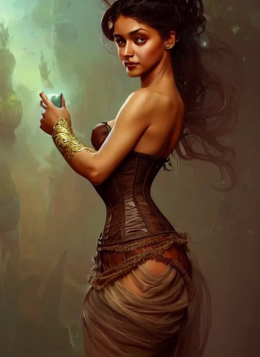 Image similar to cute brown woman wearing a translucent corset dress, fantasy, intricate, highly detailed, digital painting, artstation, concept art, wallpaper, smooth, sharp focus, illustration, art by artgerm and greg rutkowski and alphonse mucha