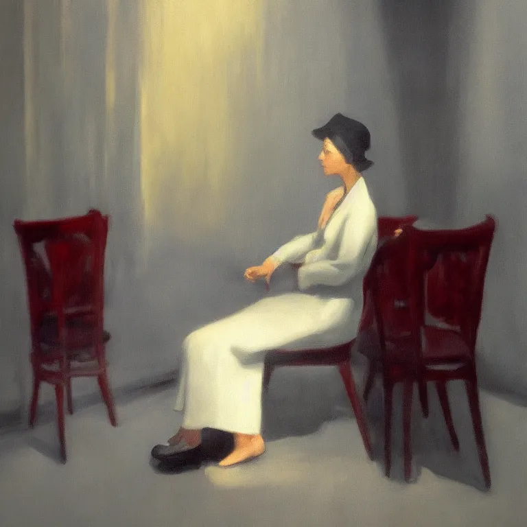 Prompt: woman sitting behind a chair, fog, early morning, , painted by Edward Hopper, painted by Wayne Barlow, airbrush