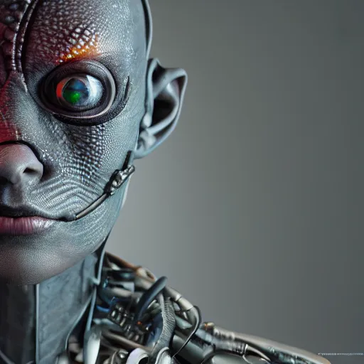 Prompt: A detailed lizard face disguised as a human disguised as a cyborg ethnobotany, futuristic, technocore, vray render, hd, 4k, volumetric lighting