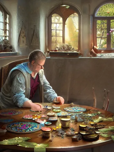 Image similar to a magical male socerer, working in a table full of artifacts. weeds anf flowers growing on the floor. intricate, elegant, highly detailed, digital painting, artstation, concept art, sharp focus, illustration, by justin gerard and artgerm, 8 k