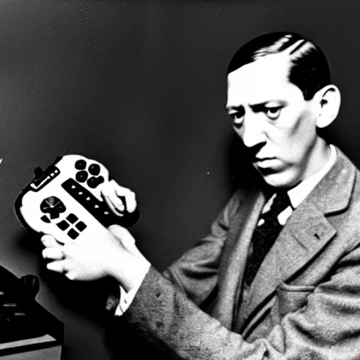 Prompt: h. p. lovecraft playing a video game, vintage photograph, xbox controller, angry