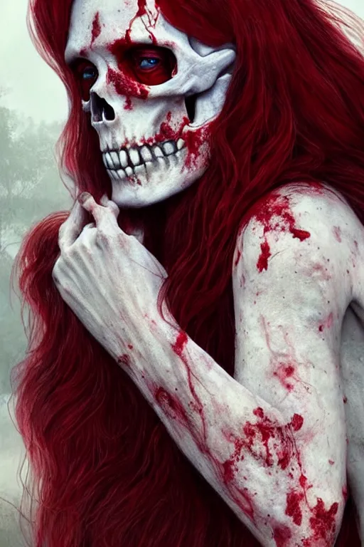 Image similar to pale woman skeleton covered with blood, rolyatistaylor face!!!, red hair, ultra realistic, concept art, intricate details, highly detailed, 4 5 mm. photorealistic, octane render, 8 k, unreal engine. film still, heavy grain, 3 5 mm, art by artgerm and greg rutkowski and alphonse mucha