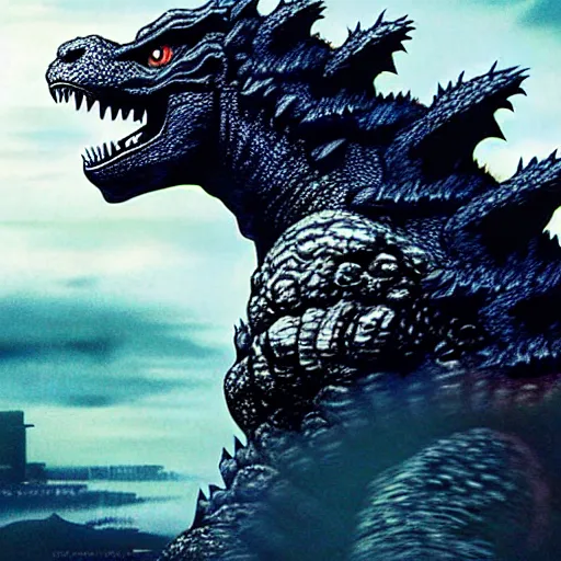 Image similar to godzilla, highly detailed, digital painting, smooth, sharp focus, illustration, ultra realistic, 8 k, art by hideaki anno and shinji higuchi