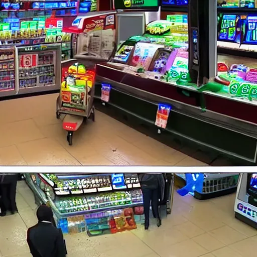 Image similar to cctv footage of yoshi robbing a convenience store