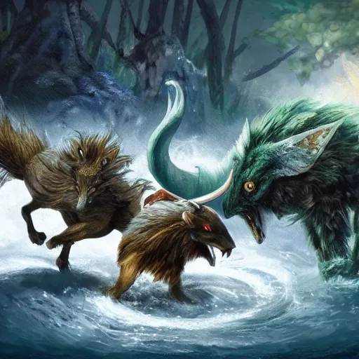 Prompt: a fight of mythic animals in a fantasy world