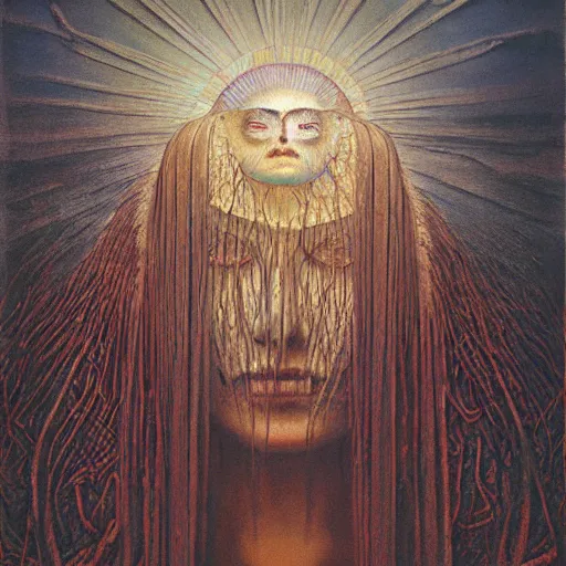 Image similar to the queen of the sun by zdzislaw beksinski and h. r. giger, oil on canvas