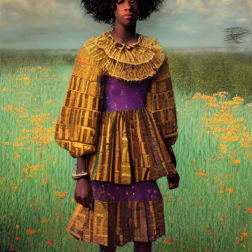 Prompt: extreme detail, african teenager, female, charles vess, gold silk clothes, klimt, hyperealistic, hdri lighting, octane