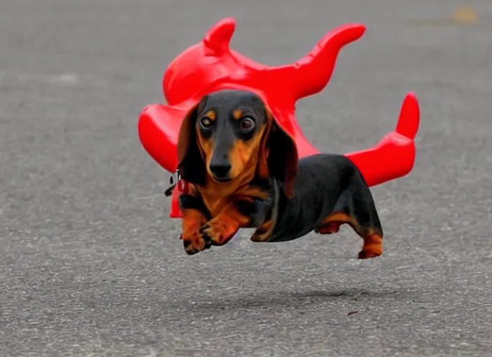 Image similar to Dachshund skydiving while dressed in a hotdog costume