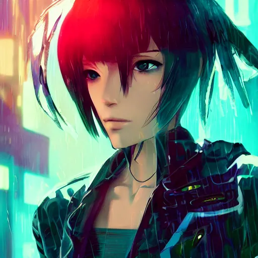 Prompt: full body!!!, digital cyberpunk anime!!, shattered beautiful cyborg - girl!!!, lightning, raining!!, water refractions!!, black long hair!, colorful reflective eyes, full round face!, biomechanical details, mid - shot, reflections, wlop, ilya kuvshinov, artgerm