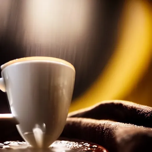 Prompt: Close up of coffee being poured into a cup on a rainy morning, studio lighting , macro, coffee, morning, rain, highly detailed, sharp focus, Volumetric dynamic lighting, still life, real life, 4k