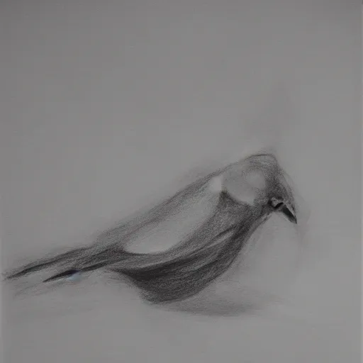 Image similar to an abstract drawing of a bird, it is on the ground, charcoal, low detail