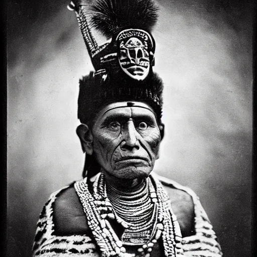 Prompt: vintage photo of an aztec king by edward s curtis, photo journalism, photography, cinematic, national geographic photoshoot